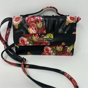 Juicy Couture Crossbody Purse Black Red Roses Flowers Faux Leather Clutch Retro